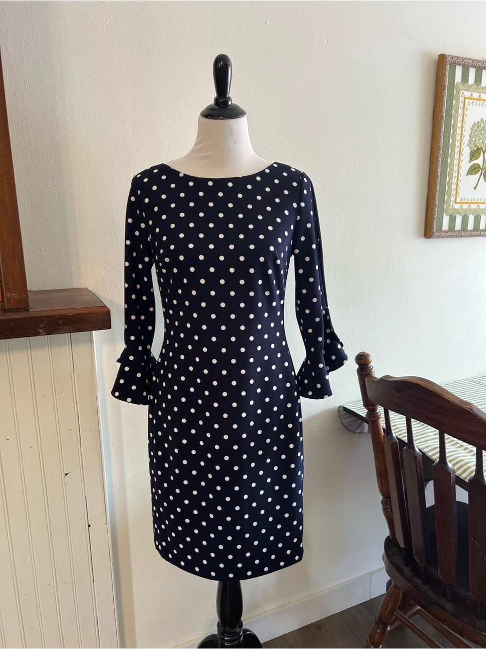 Karl Lagerfeld Navy and White Polka Dot Long-Sleeve Dress